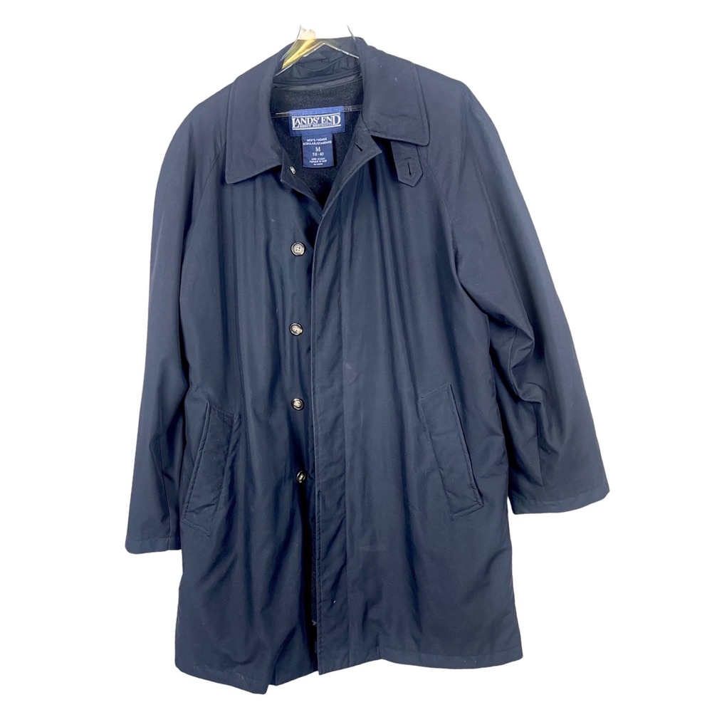 Lands End Coat M‎ Tiroler Loden Mens Navy Blue Wool Lined Trench Coat Jacket M